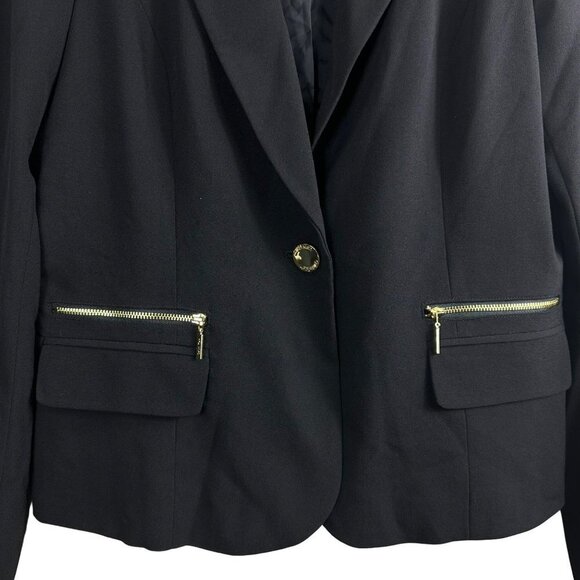 Calvin Klein Black Suit Jacket Gold Zip Faux Pockets and Skirt 2 Piece Size 12 - Picture 6 of 16